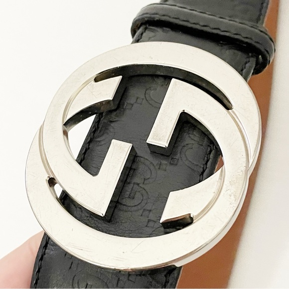 Gucci silver GG buckle black monogram leather belt size 36 - Picture 4 of 13